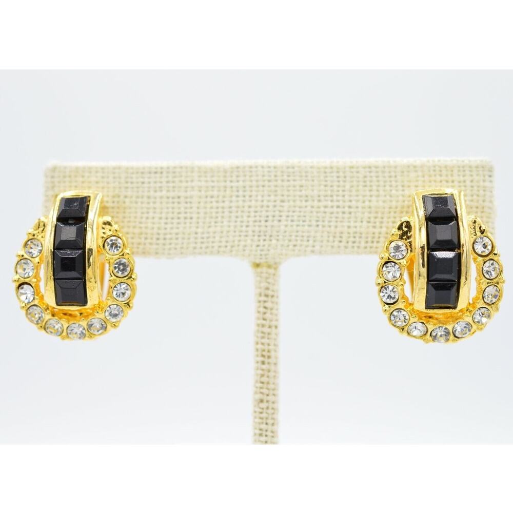KC Vintage Crystal Clip On Earrings Gold Rhinestone Black Square Signed 1980s 9L